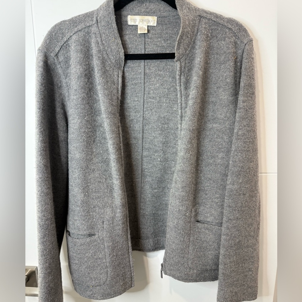 Petite Sophisticate Heather Gray 100% wool Cardigan
